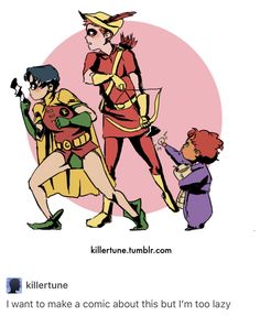 an image of three people dressed as superheros and one is holding a child's hand