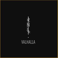 the word valhalla written in white and black on a black background with a gold frame