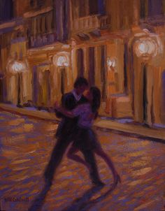 an oil painting of two people dancing in the street at night with buildings and lights behind them