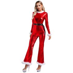 Womens Adult Mrs Claus Costume Metallic Long Sleeve Flared Bell-Bottom Jumpsuit with Belt Holiday Mrs Santa Claus Costume, Mrs Claus Costume, Christmas Dance Costumes, Bell Bottom Jumpsuits, Jumpsuit With Belt, Santa Claus Costume, Christmas Dance, Womens Christmas, Feather Trim