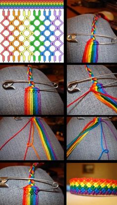 four pictures show different colors of yarn being used to make an origami necklace