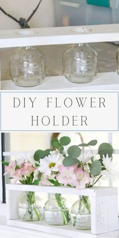 the diy flower holder is made from an old shelf and has flowers in it