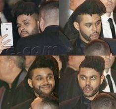 four different shots of a man in a suit and tie taking pictures with his cell phone