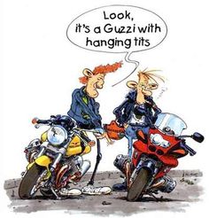 two men sitting on motorcycles talking to each other with a speech bubble above them that says, kuck ma ne gliezi mit hanggettten