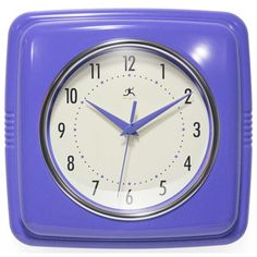 a blue square clock with white numbers on the face and hands, in front of a white background