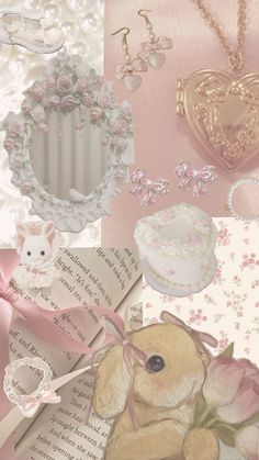 a collage of pink and white items including a teddy bear, heart shaped box, necklaces, flowers, and an open book