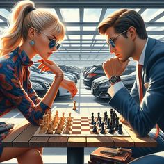 two people sitting at a table playing chess