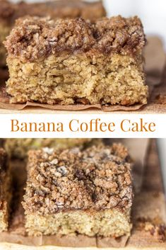 banana coffee cake is cut in half and stacked on top of each other