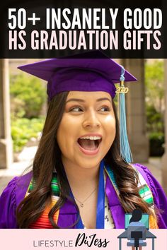 a woman in graduation cap and gown with the words, 50 + insanely good his graduation gifts