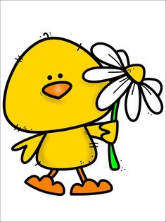 a yellow chick holding a daisy in its hand