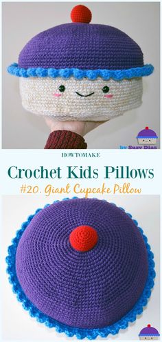 the crochet kids pillows are made with two different colors and sizes, one is purple