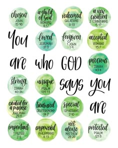 watercolor circles with the words you are who god says you are written on them