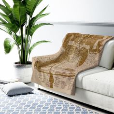 a living room with a couch, potted plant and rugs on the floor