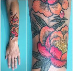 two pictures of flowers on the arm and one with a flower tattoo on its arm