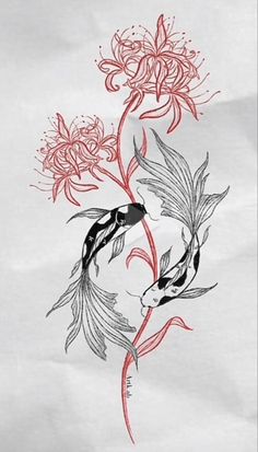 two koi fish and flowers on white paper