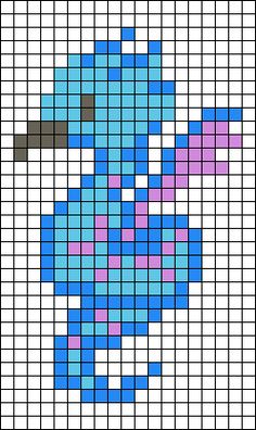 a cross stitch pattern with blue and purple squares on the bottom, one block in the middle