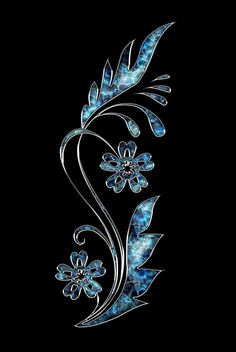 an artistic design with blue flowers and leaves