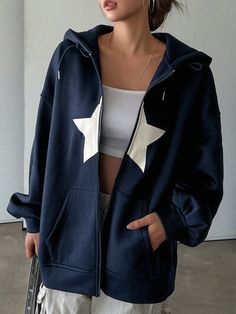 Fleece-Lined Star Pattern Navy Blue Zip Up Hoodie Sweatshirt Y2k Navy Blue Casual  Long Sleeve Polyester Colorblock,Geometric Zip Up Non-Stretch Spring/Fall Women Clothing, size features are:Bust: ,Length: ,Sleeve Length: Chongyun Sweater, Navy Blue Sweat Shirts, Navy Blue Wishlist, Blue Aesthetic Clothes, Shein Hoodies, Blue Aesthetic Outfits, Navy Blue Zip Up Hoodie, Blue Zip Up Hoodie, Star Hoodie