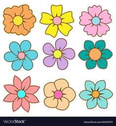 six different colored flowers on a white background