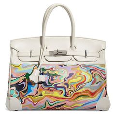 HERMÈS, 2008, PAINTED TOILE & WHITE SWIFT LEATHER BIRKIN 35 WITH PALLADIUM HARDWARE Handpainted Bags, Togo Leather, Birkin 25, Care Card, Grade 3