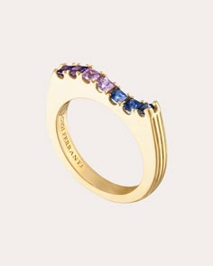 Inspired by the breathtaking colors of the Italian Riviera, this solid gold ring details its wavy band with an ombré array of blue and purple sapphire stones. From GiGi Ferranti's Portofino Collection. 18k yellow gold, blue sapphire and purple sapphire Carat: 0.76 ctw Polish with soft cloth, warm water and mild soap Made in the USA Measurements Band width: 3mm Art Jewelry Design, Preppy Jewelry, Jewelry Logo, Jewelry Design Drawing, Wave Ring, Purple Sapphire, Sapphire Stone, Blue Sapphire Rings, Gems Jewelry