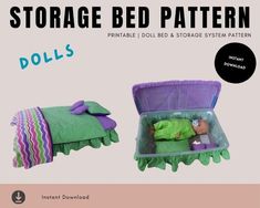 an open suitcase with a doll in it and the words, storage bed pattern dolls