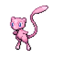 a pixel art style pink cat with blue eyes and tail, standing in front of a white background