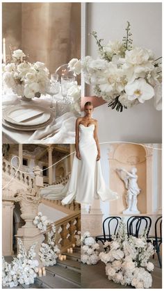 a woman in a white dress standing next to a table with flowers and plates on it