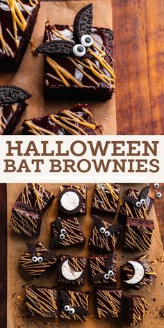 chocolate brownies with spooky halloween decorations on top and the words,'spooky fudgey halloween bat brownies'above them