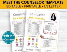 two pamphlets with the text meet the counselor template editable printable us letter