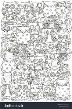 an abstract coloring page with owls and flowers