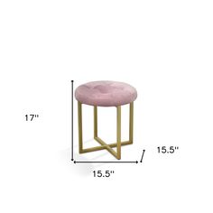 the measurements for a stool with a pink velvet seat and gold frame, on a white background