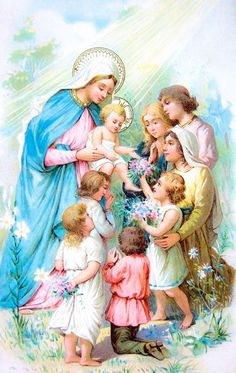 an image of the virgin mary and her children with flowers in their hands on a sunny day