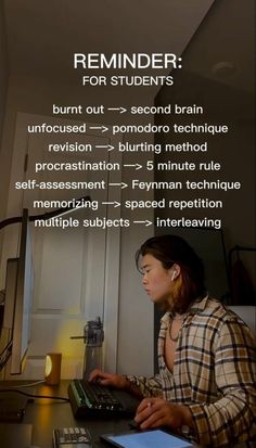 a woman sitting at a desk with a laptop and keyboard in front of her is the text reminder for students burn out = second brain