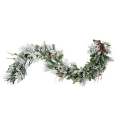 a christmas garland with pine cones and snow