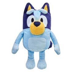 a blue and yellow stuffed animal with big eyes