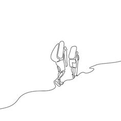 one line drawing of two people walking up a hill with backpacks on their backs