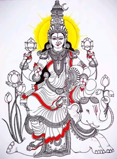 a drawing of the god ganesha on a white background with red trimmings