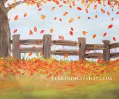 an acrylic painting of a tree and fence with fall leaves on the ground