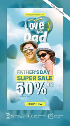 a father's day sale flyer with an image of a man and woman in sunglasses