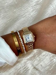 Gold Watch Stack Women, Womens Watch Gold, Womens Gold Watch, Dainty Gold Watch, Dainty Watch, Watch Womens, Gold Watches Women, Cartier Panthere, Classy Girl