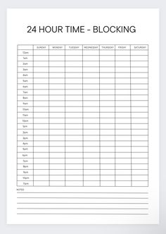 a printable 24 hour time - blocking sheet with the words 24 hour time - blocking on it