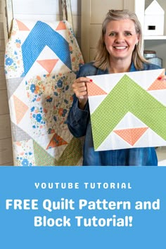 a woman holding up a quilt with the text, free quilt pattern and block tutor