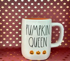 Rae Dunn Pumpkin Queen White with Pumpkins and Orange Inside Pumpkin Delight, Pumpkin Queen, Pumpkin Seasoning, Birthday Shopping, Halloween Mug, Comfy Sweaters, Autumn Cozy, Autumn Aesthetic, Christmas Is Coming