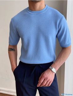 OrcaJump - Hommes T-Shirt Solide Col Ras du Cou Street Holiday Half Sleeve Bleu Clair Vêtements Appareils Herren Style, Stylish Men Casual, Mens Casual Dress Outfits, Men Stylish Dress, Guys Clothing Styles, Mode Casual, Mens Fashion Casual Outfits, Cool Outfits For Men, Stylish Mens Outfits