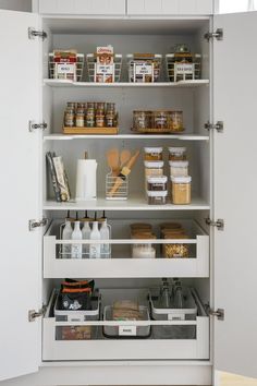 an organized pantry with lots of food in the shelves and spices on the bottom shelf