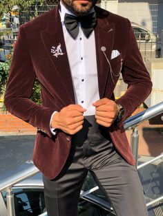 Slim-Fit Velvet Tuxedo Claretred-baagr.myshopify.com-suit-BOJONI Brown Velvet Coat, Dinner Jacket Wedding, Mens Tux, Tuxedo Colors, Velvet Tuxedo, Guys Fits, Claret Red, Stylish Suit, Velvet Coat