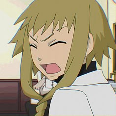 an animated image of a woman with blonde hair and green eyes, holding her mouth open