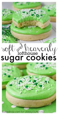 green frosted sugar cookies with white sprinkles on them and the words soft and heavenly