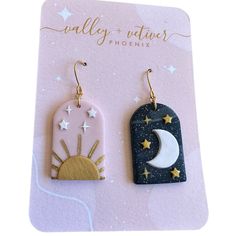 Valley And Vetiver Brand Drop Style Earrings. Mismatched Style. One Sun With Light Pink Background And One Moon With Navy Blue Background. Clay Polymer Material With Gold Tone Wire. Lightweight And Nwt! Sun And Moon Drop, Light Blue Gemstone, Light Pink Background, Wedding Earrings Studs, Moon Drop, Dichroic Glass Earrings, Black Hoops Earrings, Wedding Studs, Gemstone Drop Earrings